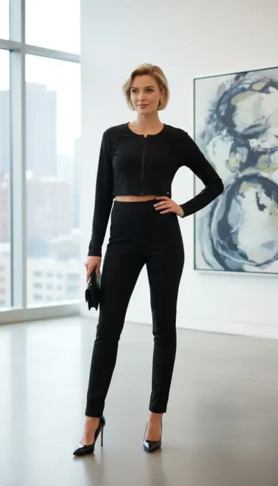 PILYQ - Elegant Black Cropped Zip-Up Top - Size M/L