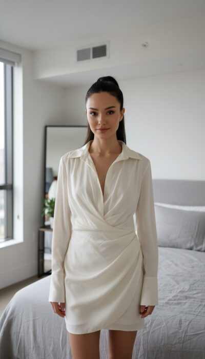 Guage 81 - Elegant Long Sleeve White Wrap Dress