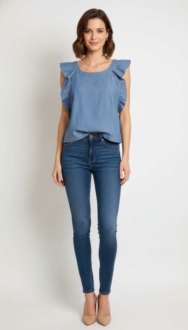 Club Monaco - Elegant Ruffle Sleeve Denim Top Size S/P