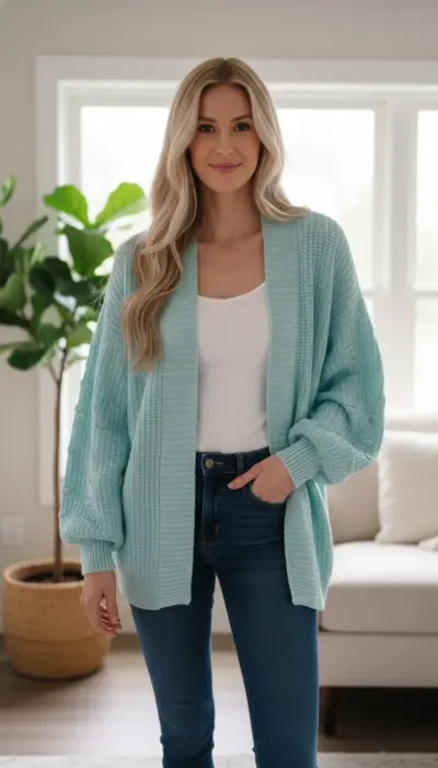 Olivia Preckel - Premium Knit Open-Front Mint Color Cardigan