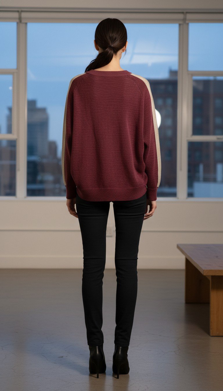 Bruno Cucinelli Chic Burgundy Knit Sweater with V-Neck and Striped Shoulders Size S - Image 2