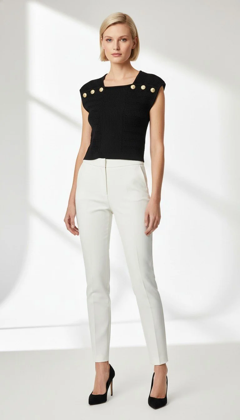 Balmain - Elegant Black Knit Sleeveless Top with Gold Buttons Size 38