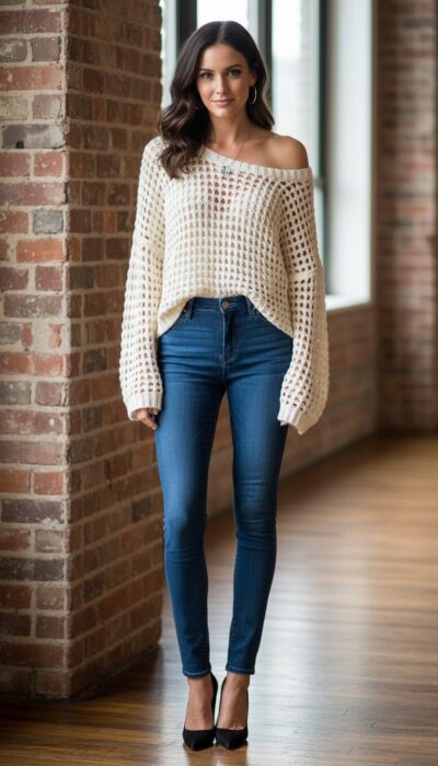 Express - Ivory Open-Weave Oversized Knit Sweater Size XS