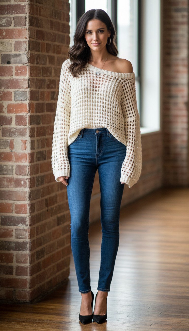 Express - Ivory Open-Weave Oversized Knit Sweater Size XS